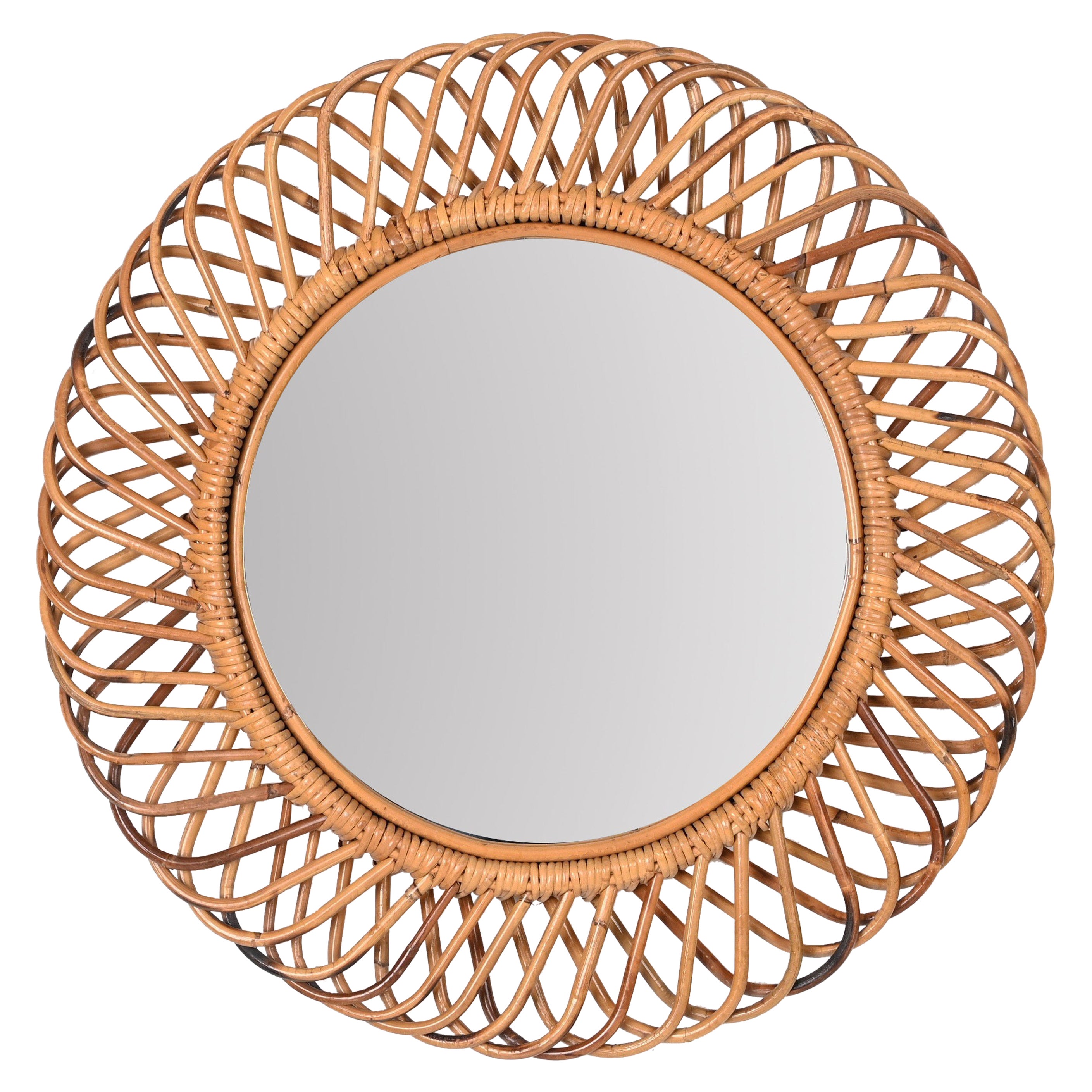 Franco Albini Round Mirror in Bamboo and Rattan, Italy, 1960s