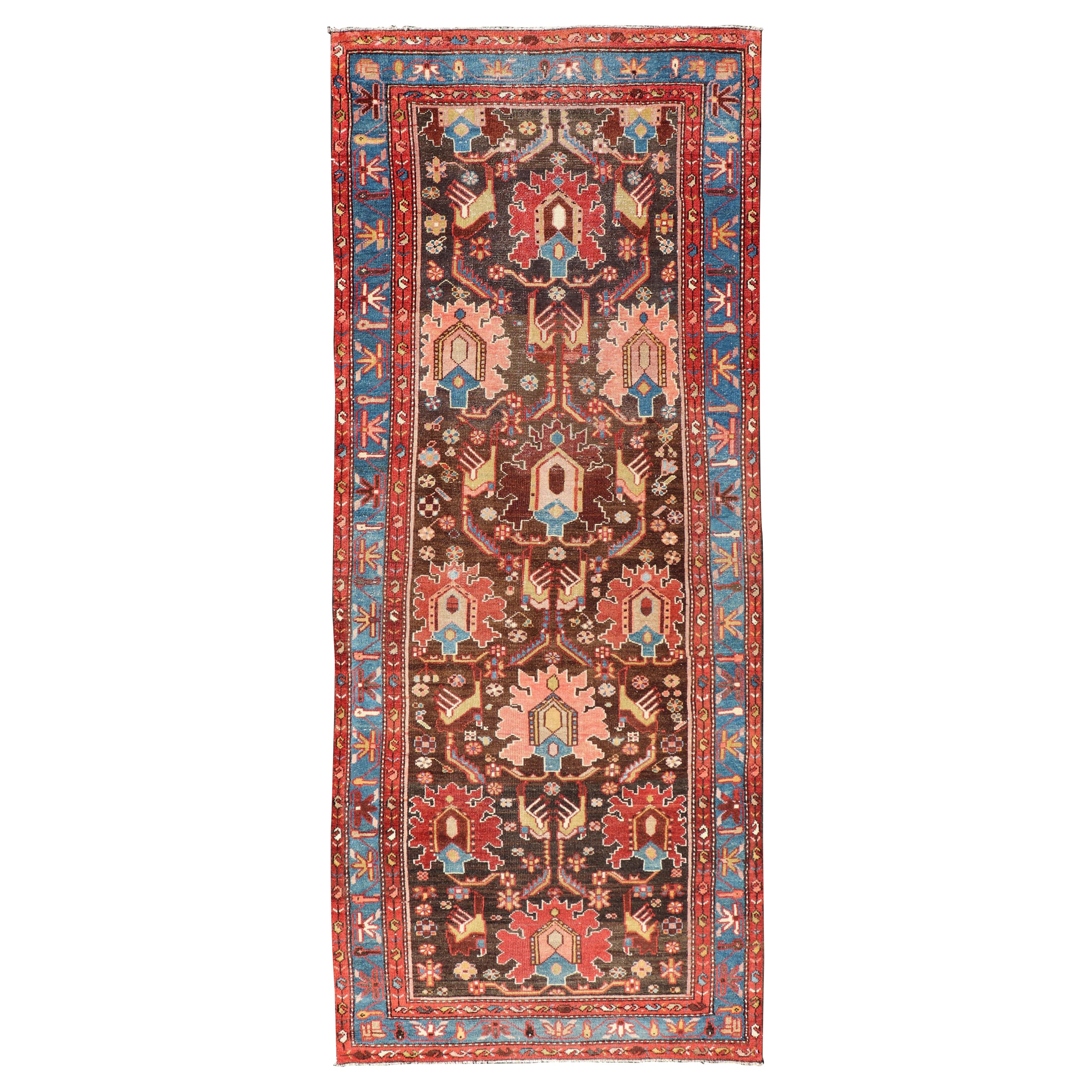 Antique Persian Tribal Designed Hamadan in Multi-Tiered Border in Brown and Blue For Sale