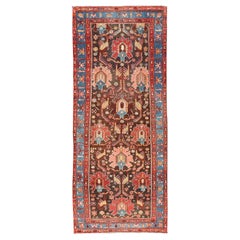 Antique Persian Tribal Designed Hamadan in Multi-Tiered Border in Brown and Blue