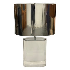 Karl Springer Lucite-Tischlampe mit originalem Schirm aus poliertem Stahl