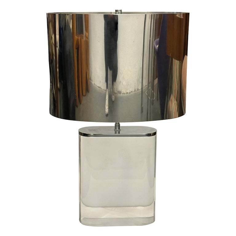 Karl Springer Lucite Table Lamp with Original Polished Steel Shade For Sale