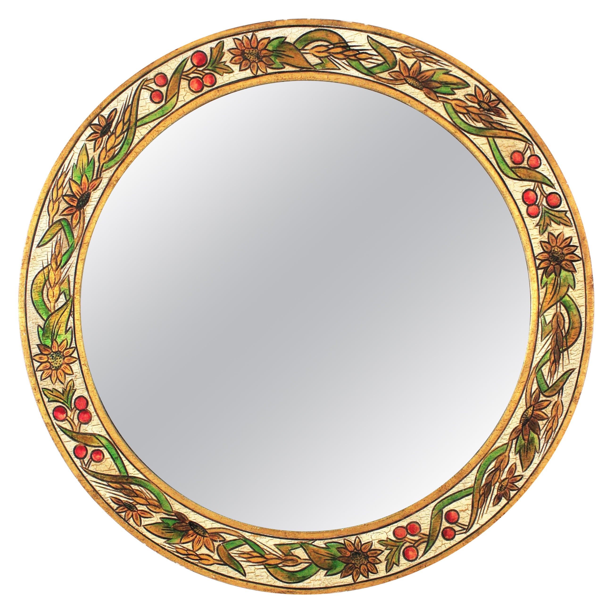 Spanish Round Mirror in Polychrome Wood, 1960s