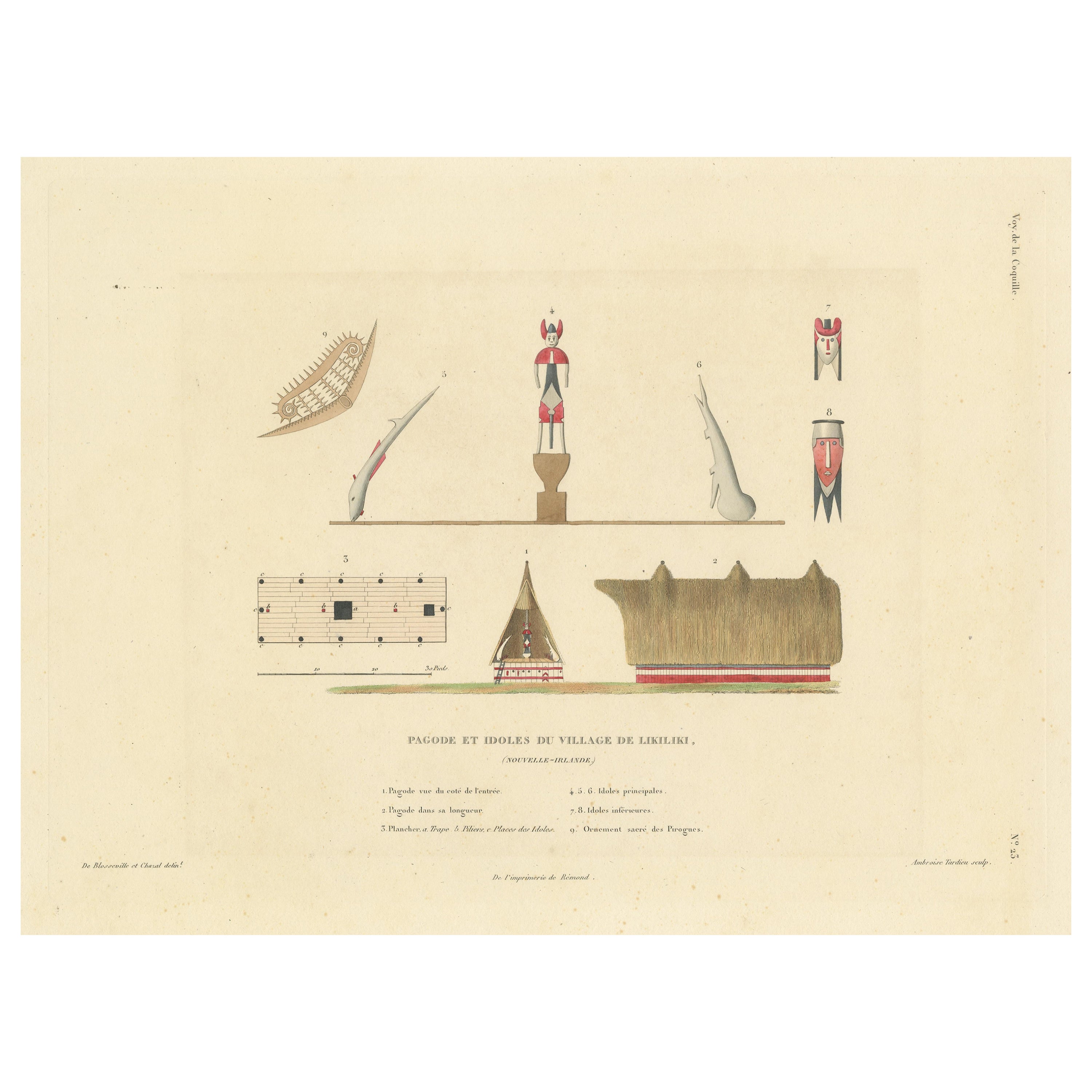 Antique Print of a Pagoda and Idols from the Village of Likiliki, New Ireland For Sale