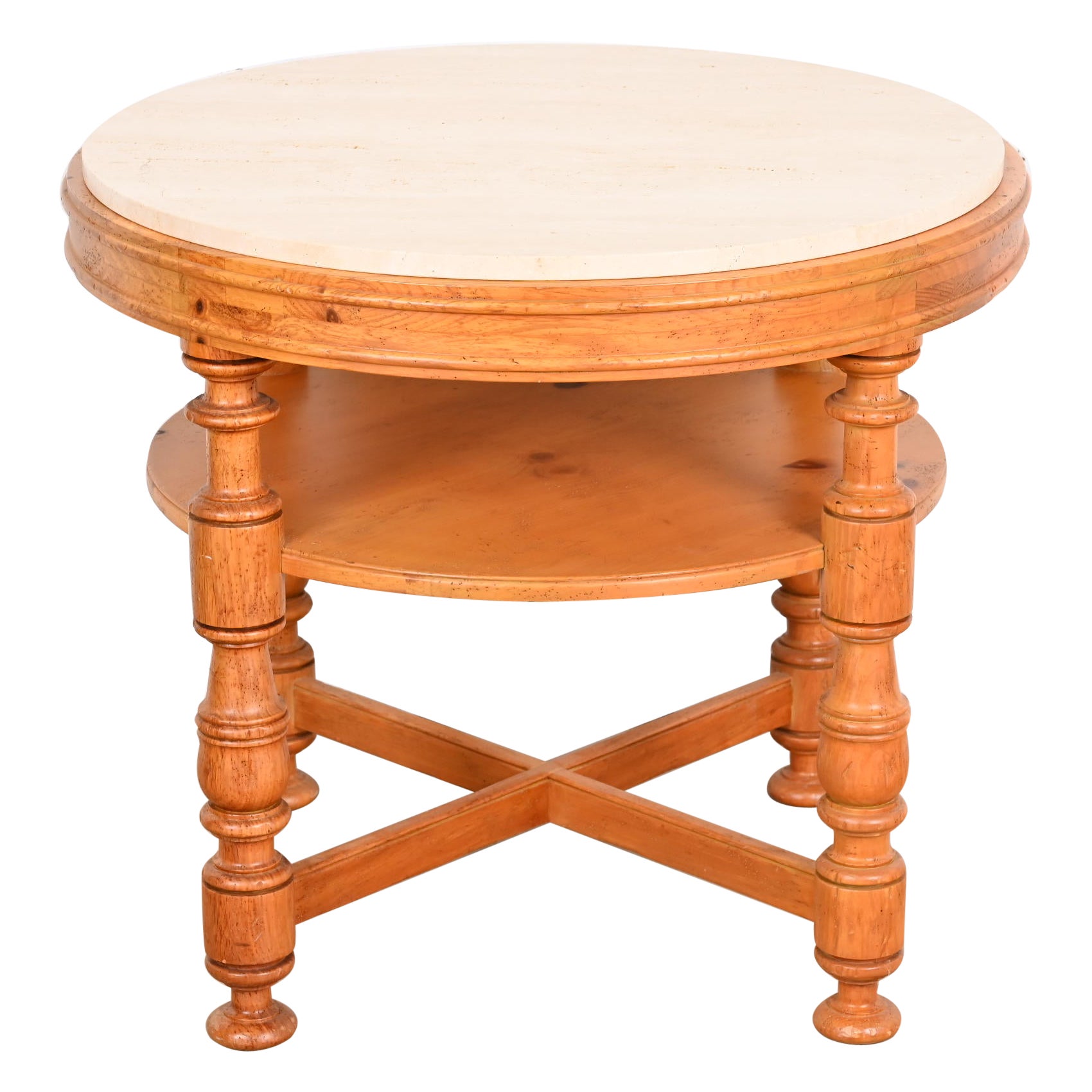 Baker Furniture Italian Provincial Pine Travertine Top Tea Table or Center Table