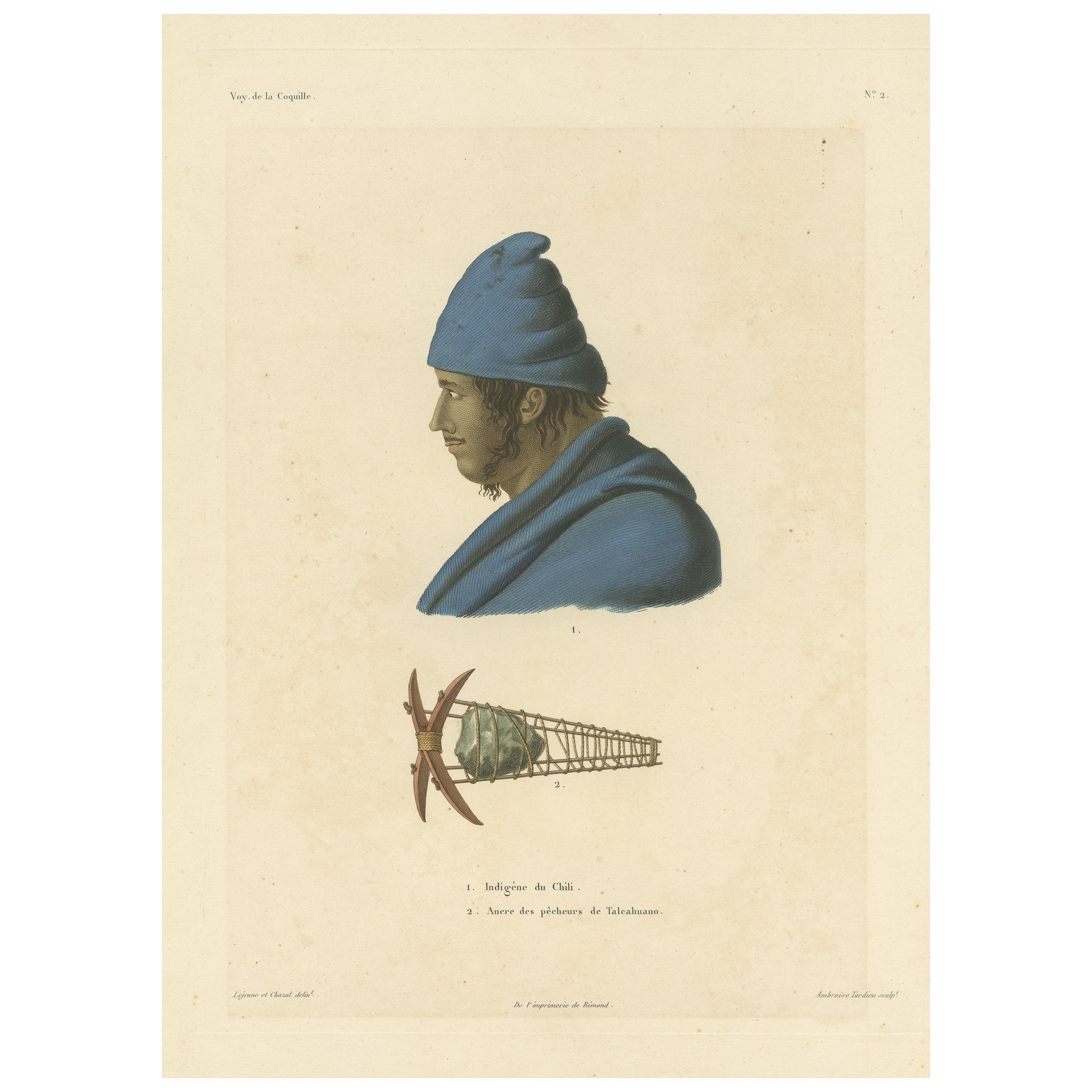 Antique Print of a Chilean Indian and Fisherman's Anchor For Sale