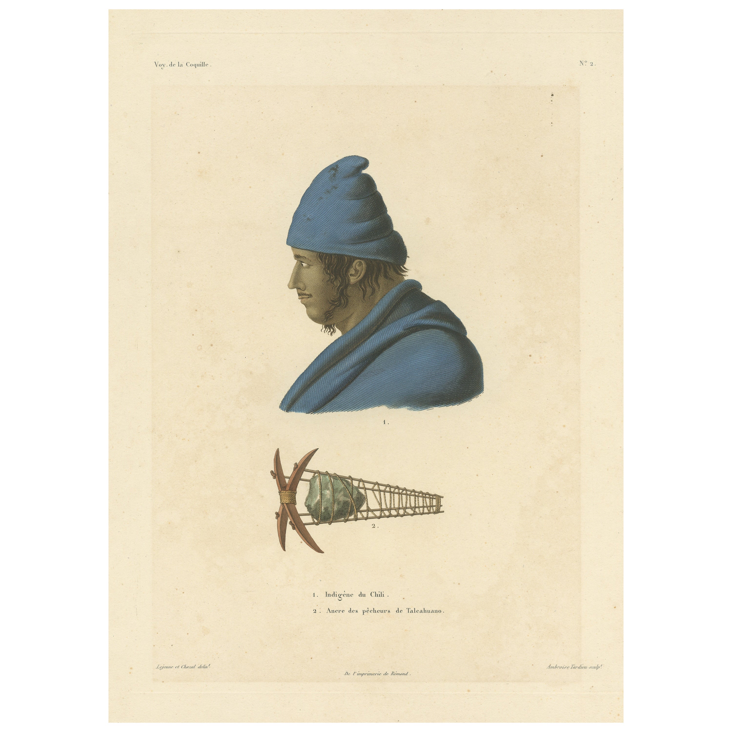 Grabado antiguo de un indio chileno y un ancla de pescador