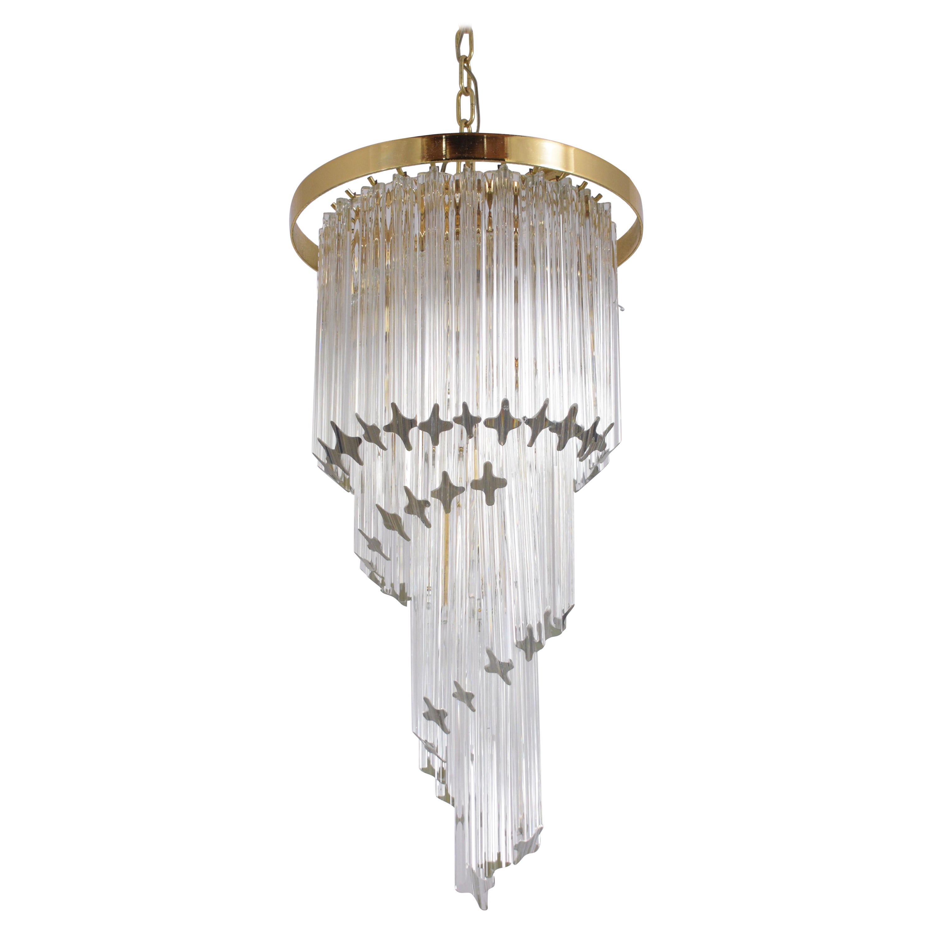 Restored Vintage Brass and Glass Drop Pendant Chandelier with Spiral Pattern For Sale