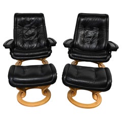 Vintage Pair Ekornes Stressless Royal Recliner Black Leather Lounge Chairs & Ottomans