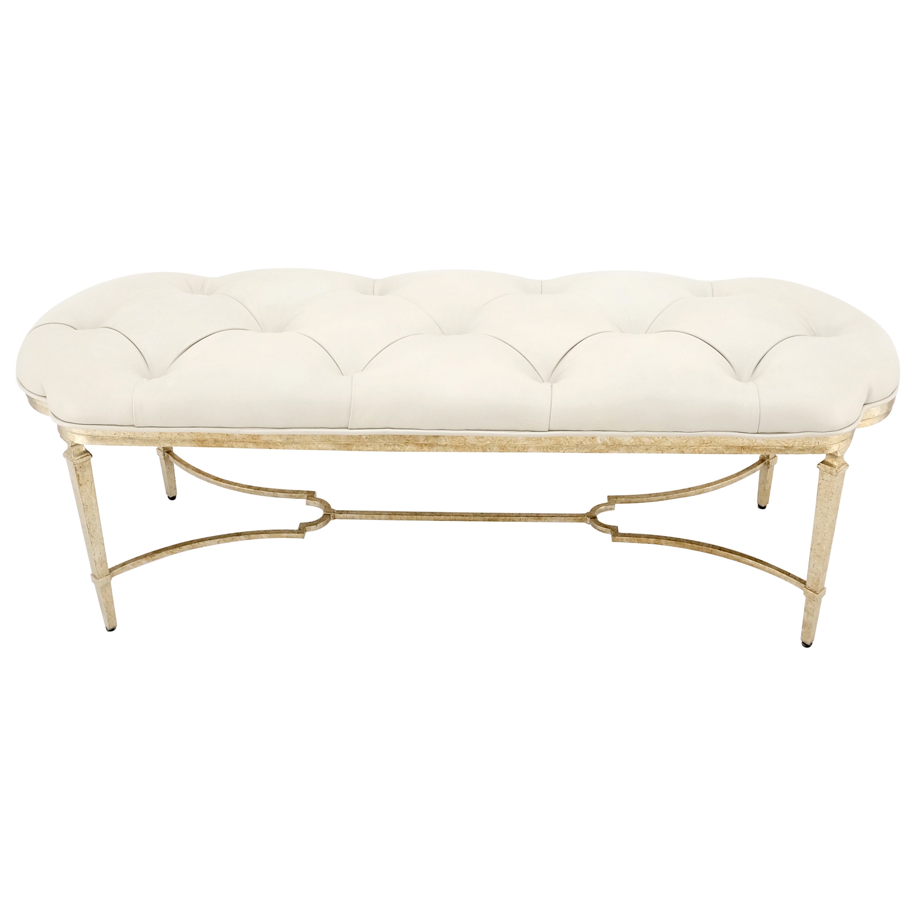 Gilt Wrought Iron Base Beige Tufted Leather Upholstery Window Hall Bench MINT For Sale