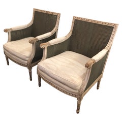 Vintage Comfortable French Country Painted Double Caned and Upholstered Club Chairs