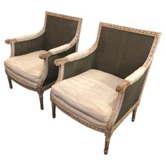 Comfortable French Country Painted Double Caned and Upholstered Club Chairs