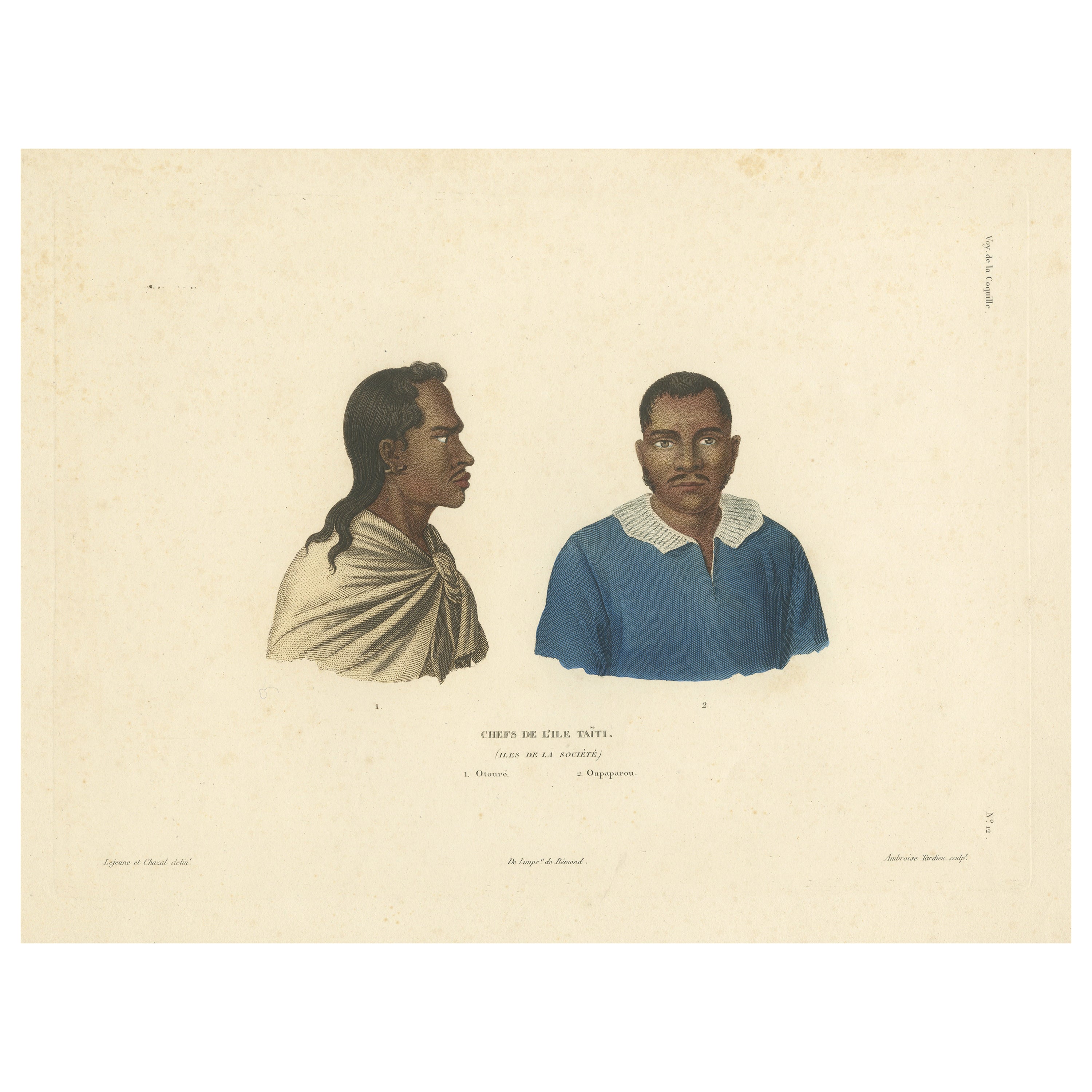 Antique Print of Otouré and Oupaparou, Heads of the Island of Tahiti