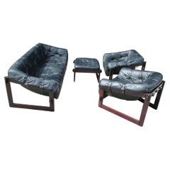 Percival Lafer Brazil Black Leather on Rosewood 4 Piece Living Room 