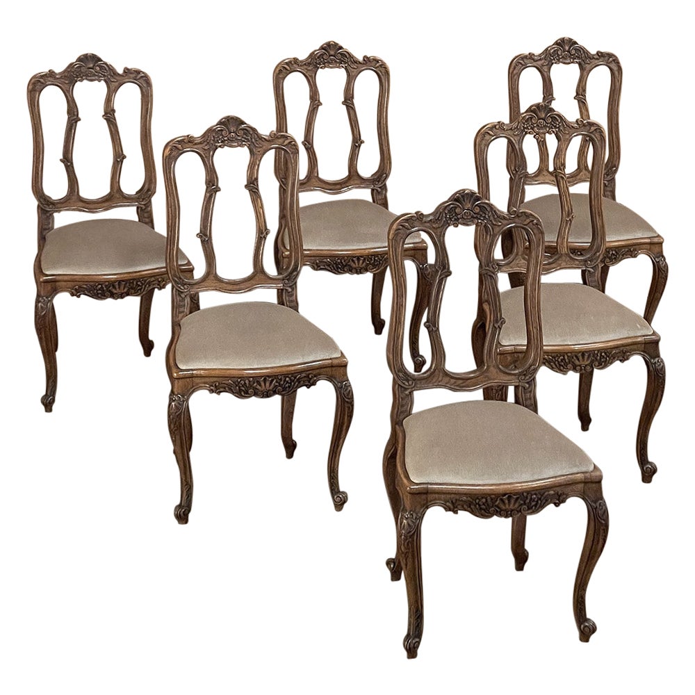 Set of 6 French Louis XV Dining Chairs with Mohair For Sale