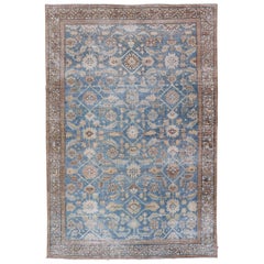 Light Blue Background Persian Malayer Rug with All-Over Geometric Design