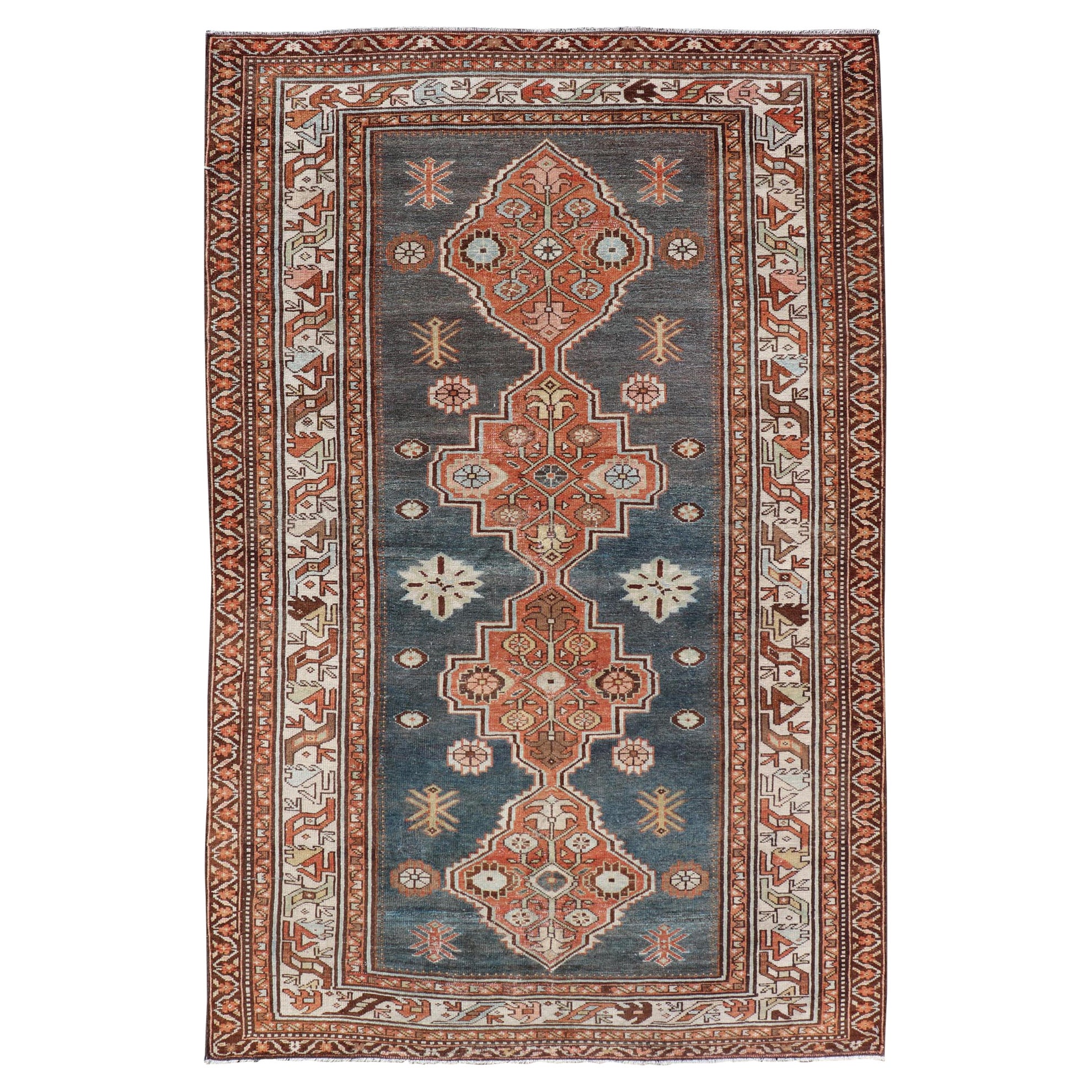 Antique Persian Hamadan Rug with Central Sub-Geometric Medallion in Blue-Gray For Sale