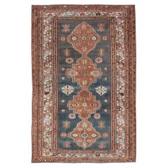 Antique Persian Hamadan Rug with Central Sub-Geometric Medallion in Blue-Gray