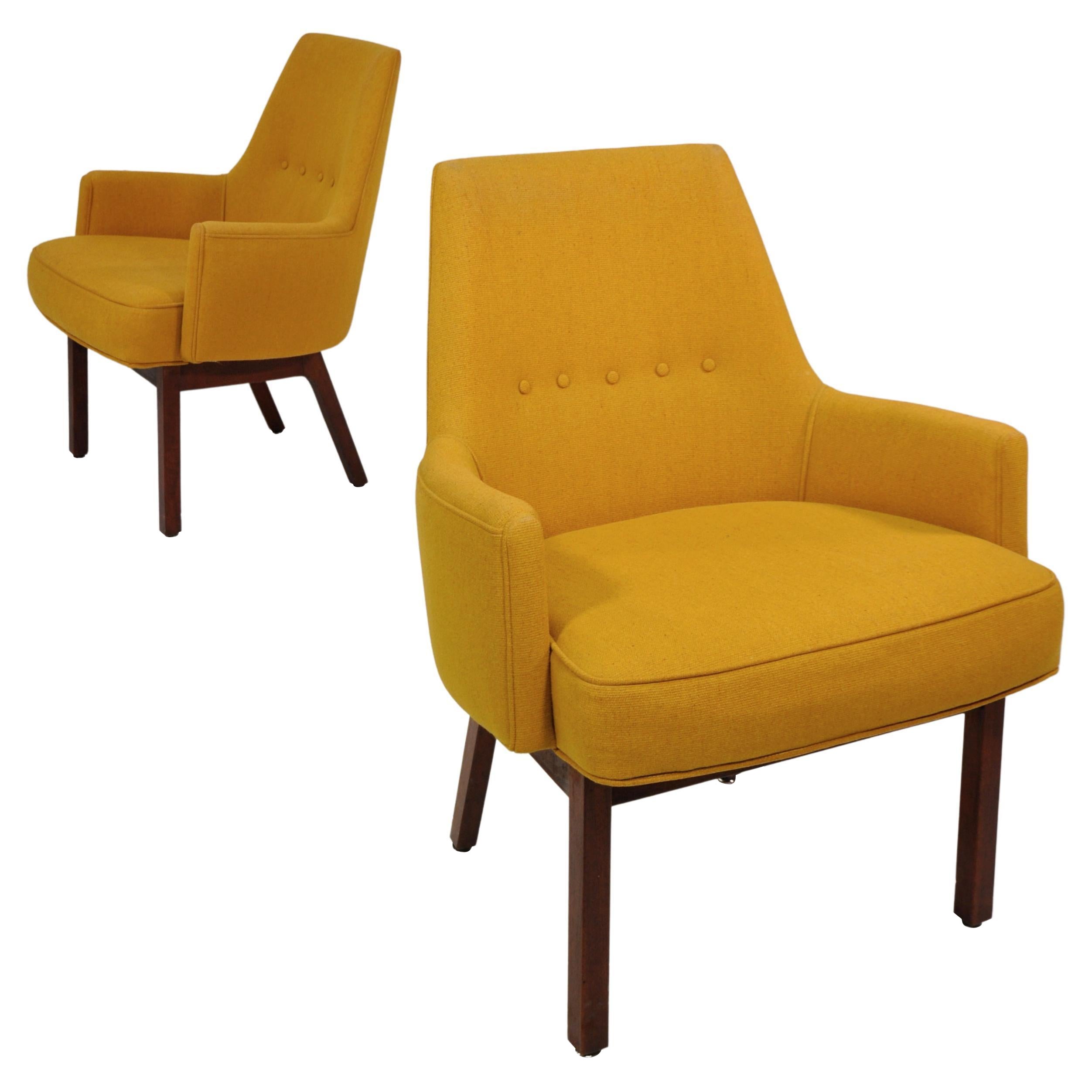 American Yellow Wool Walnut Lounge Chairs by Vista of California, a Pair For Sale