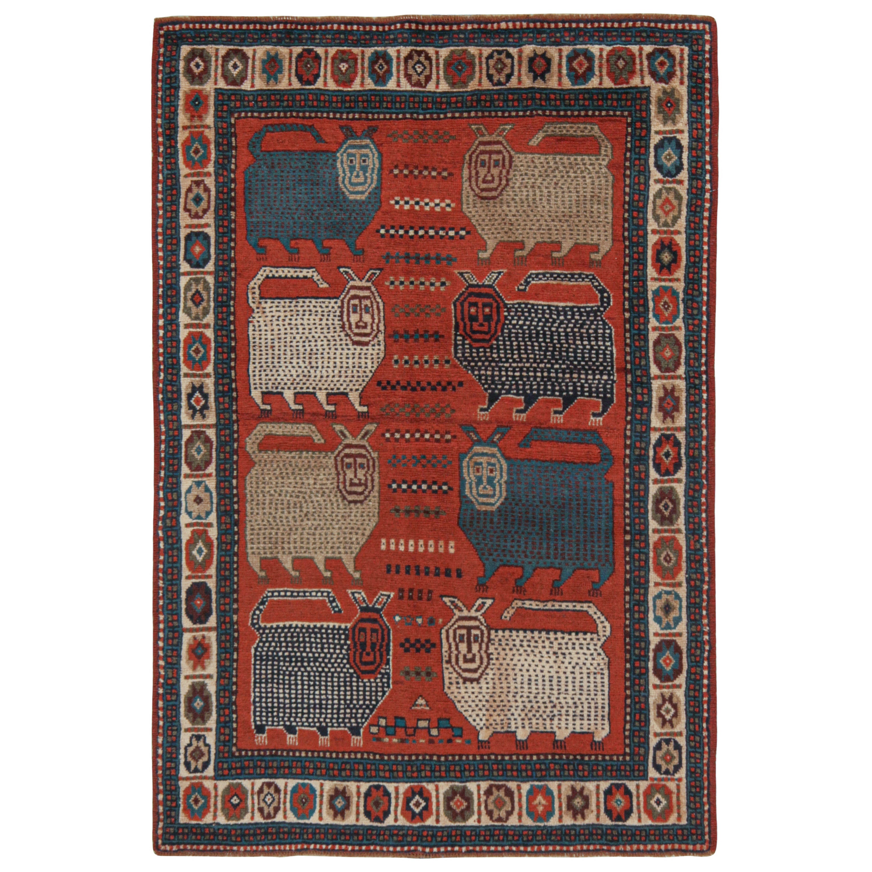 Rare Vintage Tribal Rug in Red with Beige and Blue Pictorials by Rug & Kilim For Sale