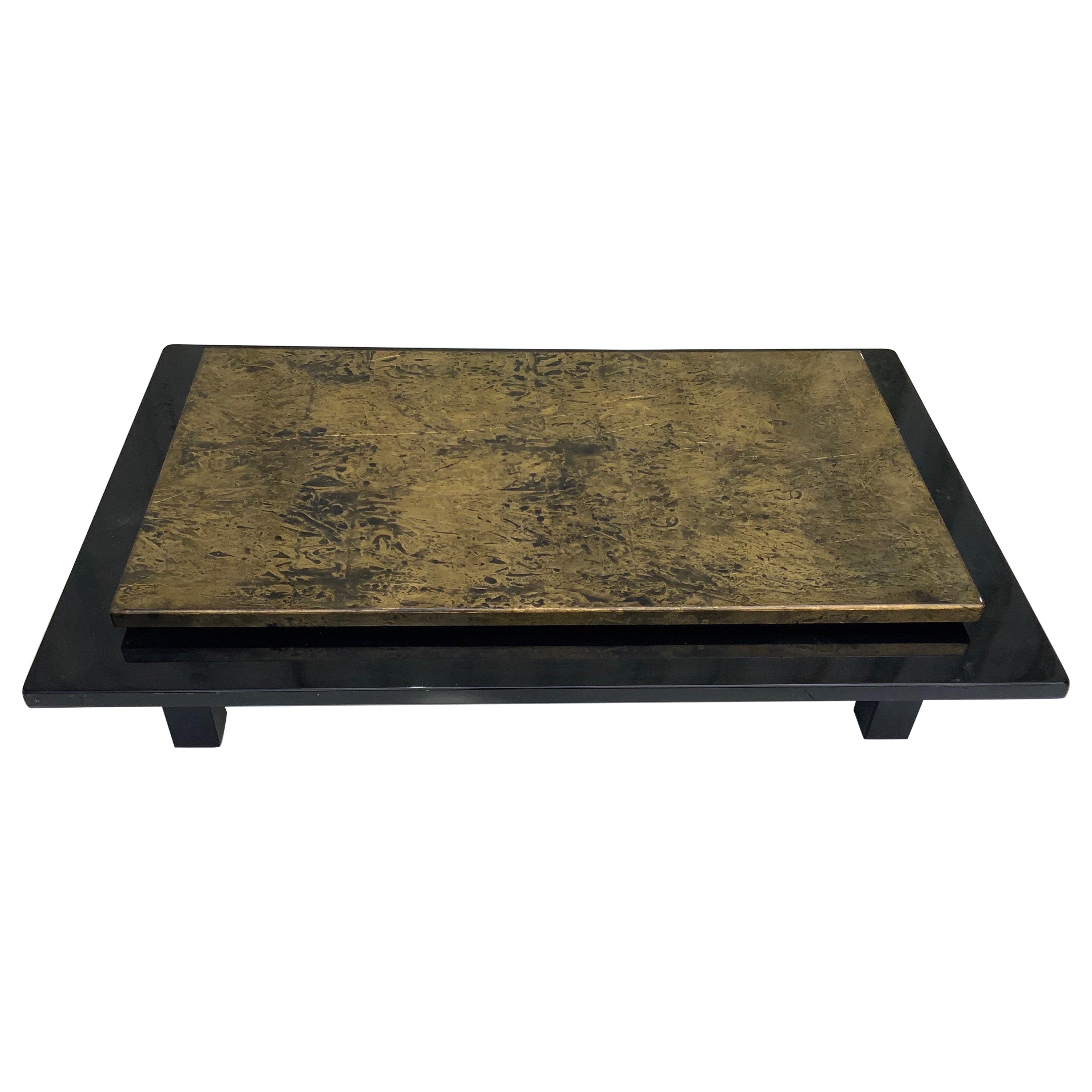 Guy Lefevre Gold Color and Black Lacquer French Coffee Table For Sale