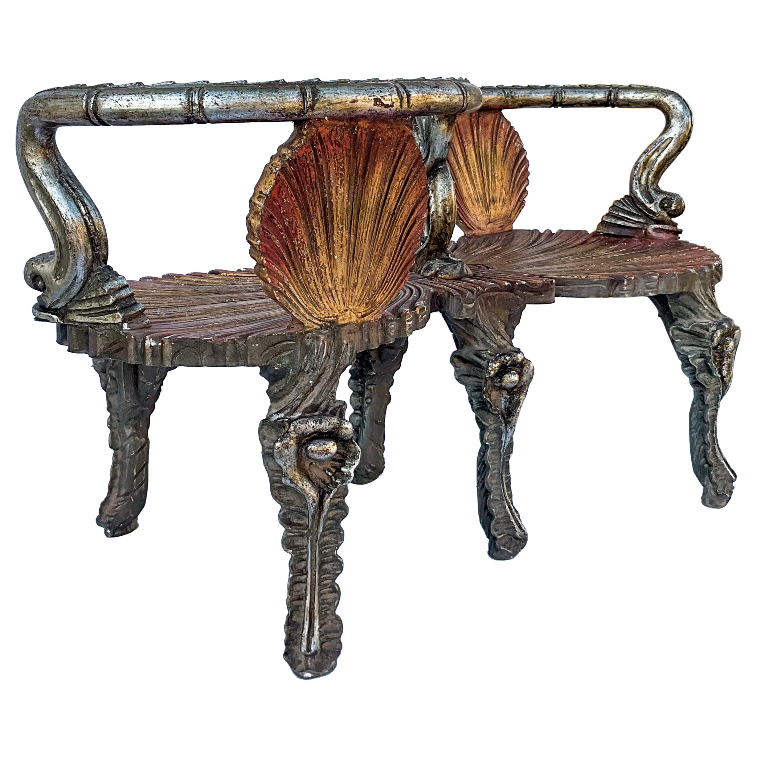 Midcentury Venetian Silver & Gold Gilt Grotto Shell Form Settee / Tete-a-tête