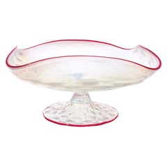 Used Venetian Murano Quilted Opal Dark Pink Rim Italian Art Glass Footed Bowl