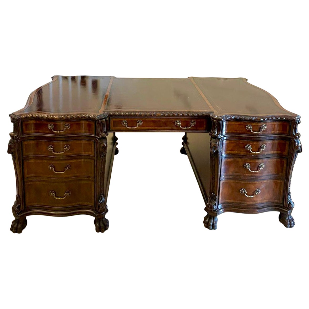 Outstanding Quality Large Antique Mahogany Serpentine Shaped Partners Desk For Sale
