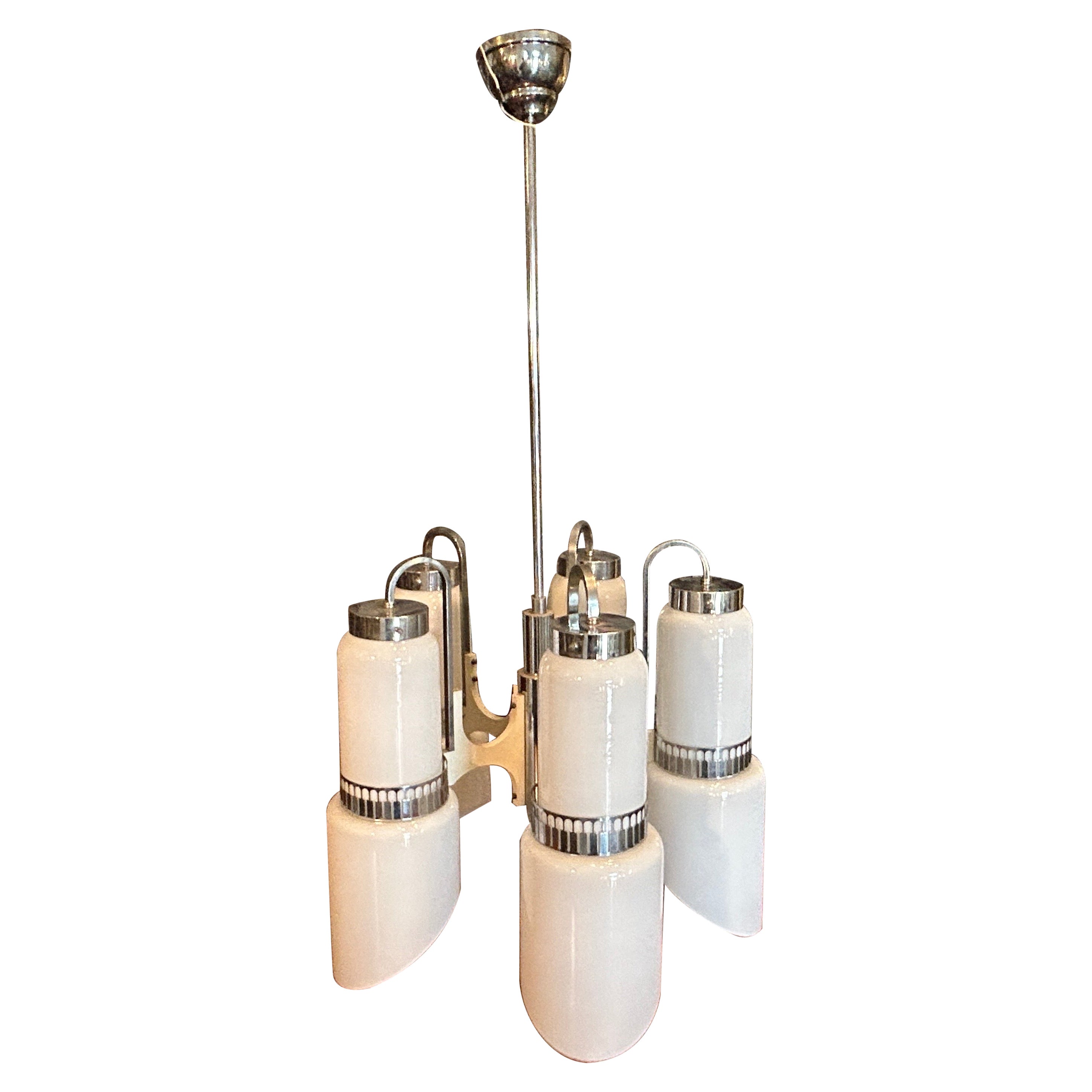 1970s Space Age White Glass Wood and Metal Chandelier by Gaetano Sciolari For Sale