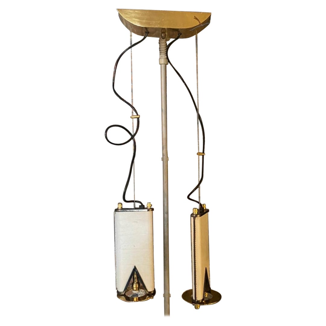 An Elegant 1980s Mid-Century Modern Brass and Skin Italian Double Chandelier