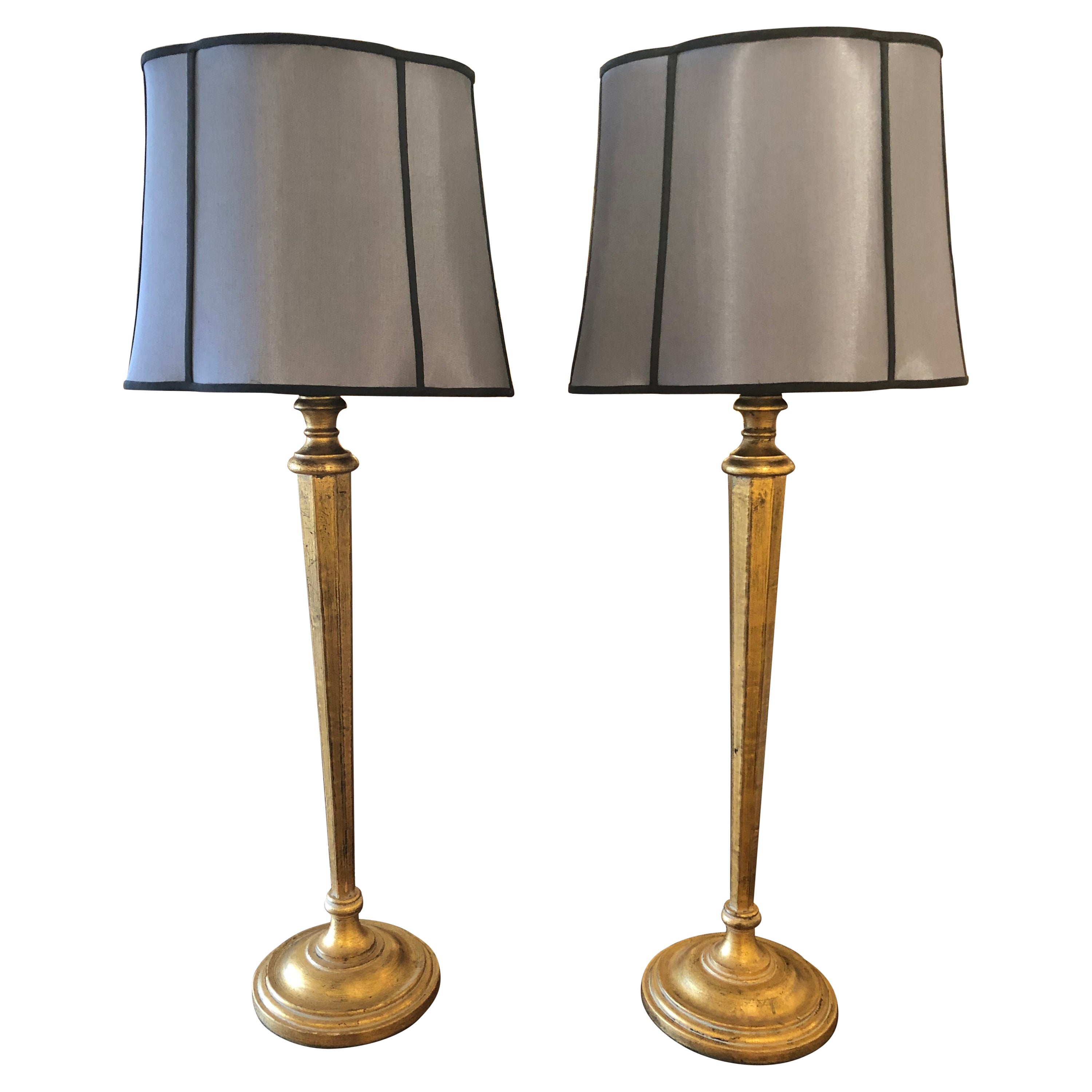 Glamorous Elongated Tall Gilded Table Lamps with Custom Shades