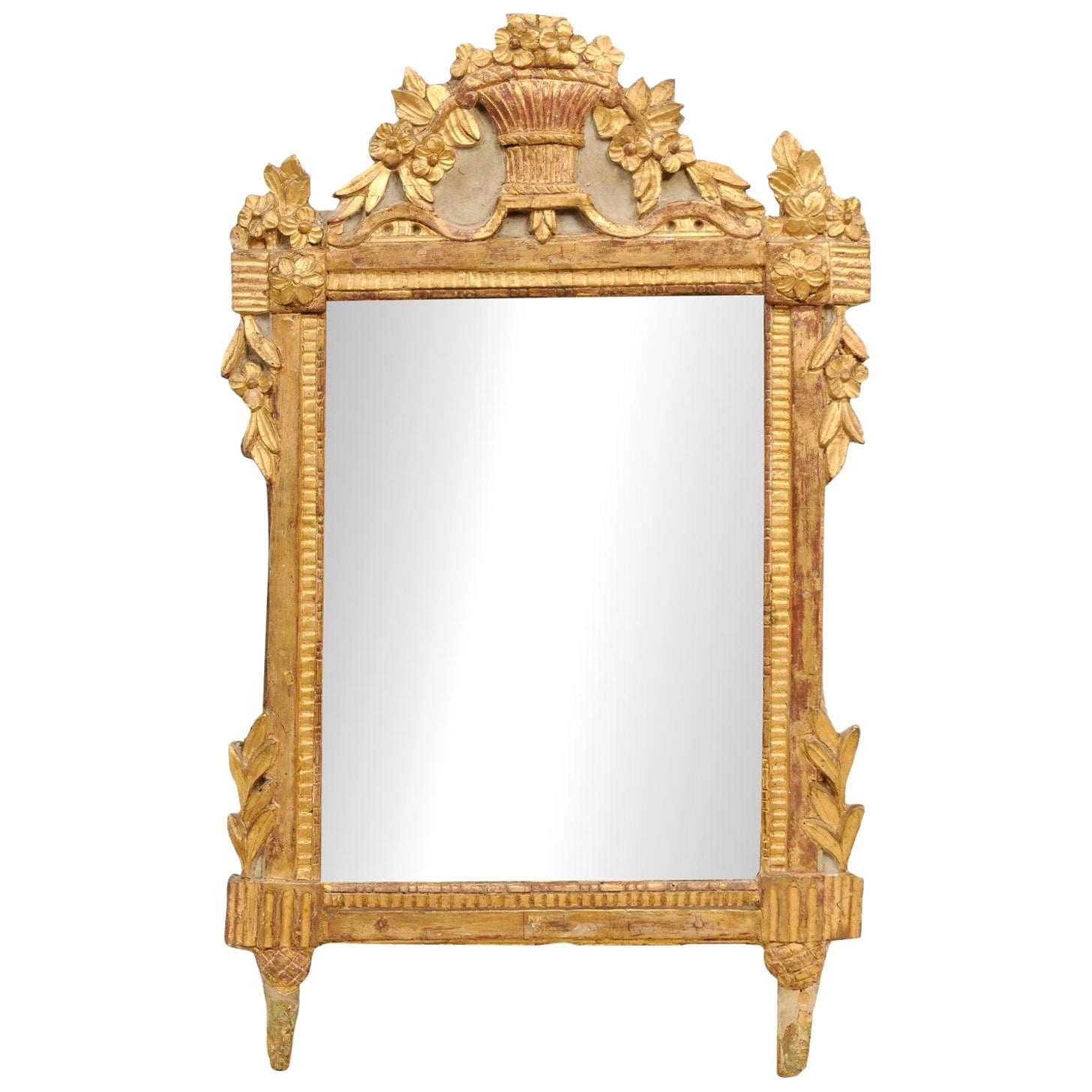 French Louis XVI 18th Century Giltwood Mirror with Carved Bouquet of Flowers For Sale