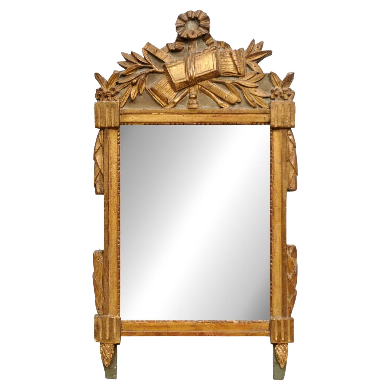 French 18th Century Louis XVI Period Giltwood Mirror with Carved Crest For Sale