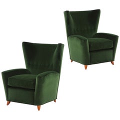 Paolo Buffa Rare Pair of Lounge Chair in Emerald Velvet, Italy, 1950s