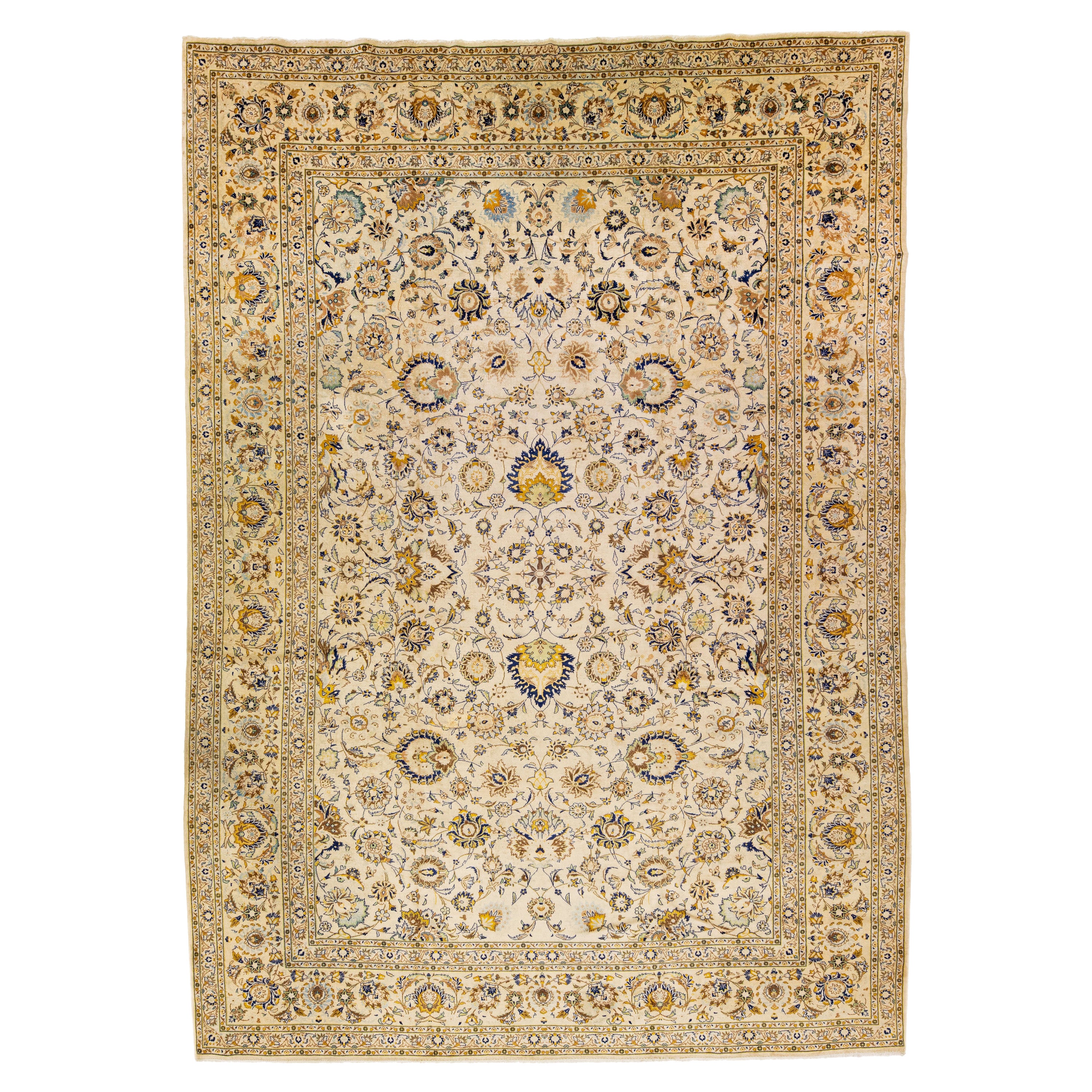 Handmade Persian Kashan Wool Rug Floral Antique in Beige For Sale