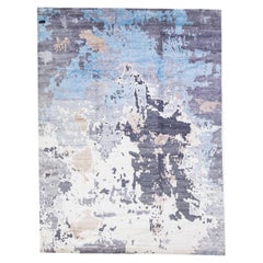Gray Contemporary Wool & Silk Rug Handmade with Abstract Motif