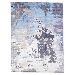 Tapis contemporain gris en laine et soie fait à la main avec motif abstrait