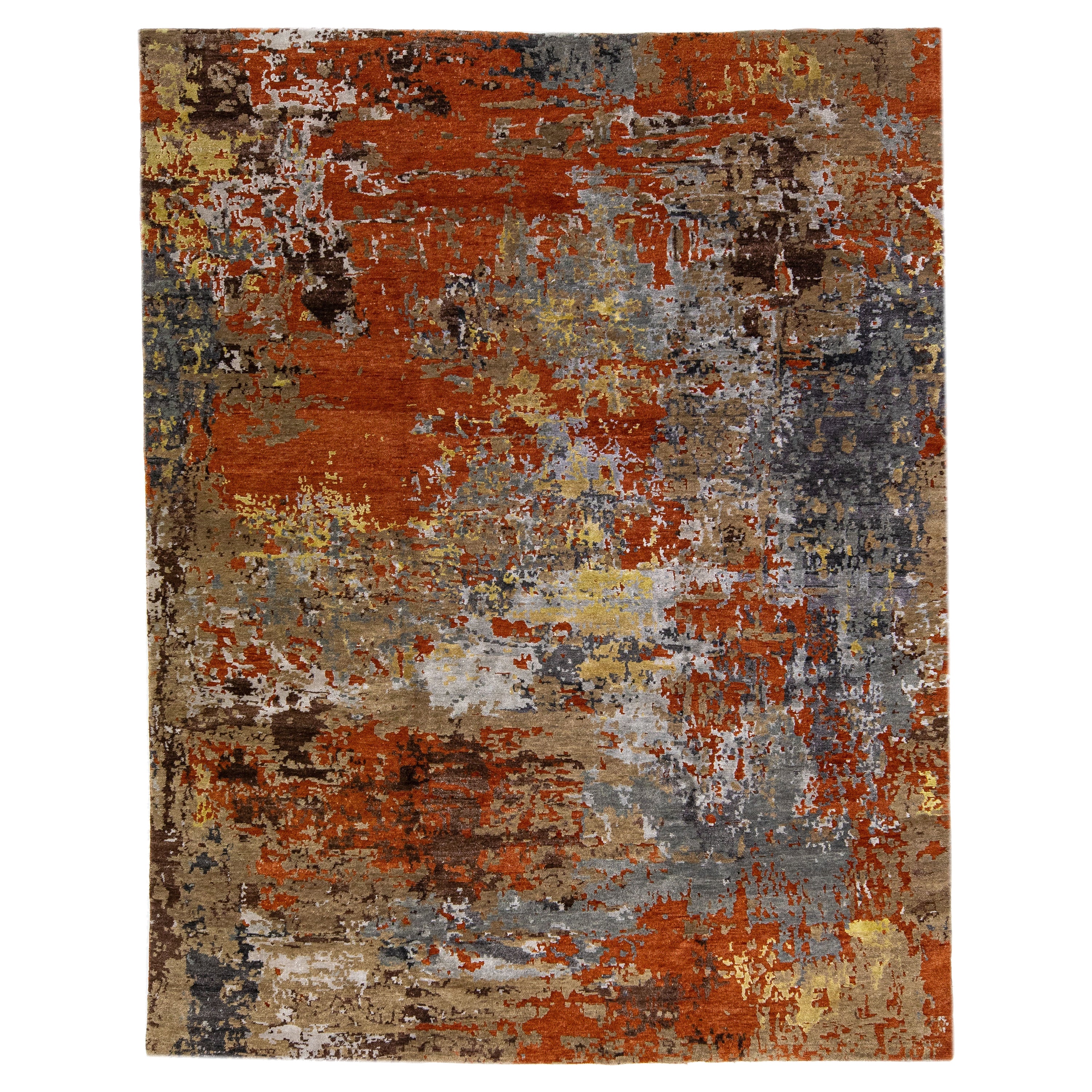 Tapis abstrait orange en laine et bois de rose de soie en vente