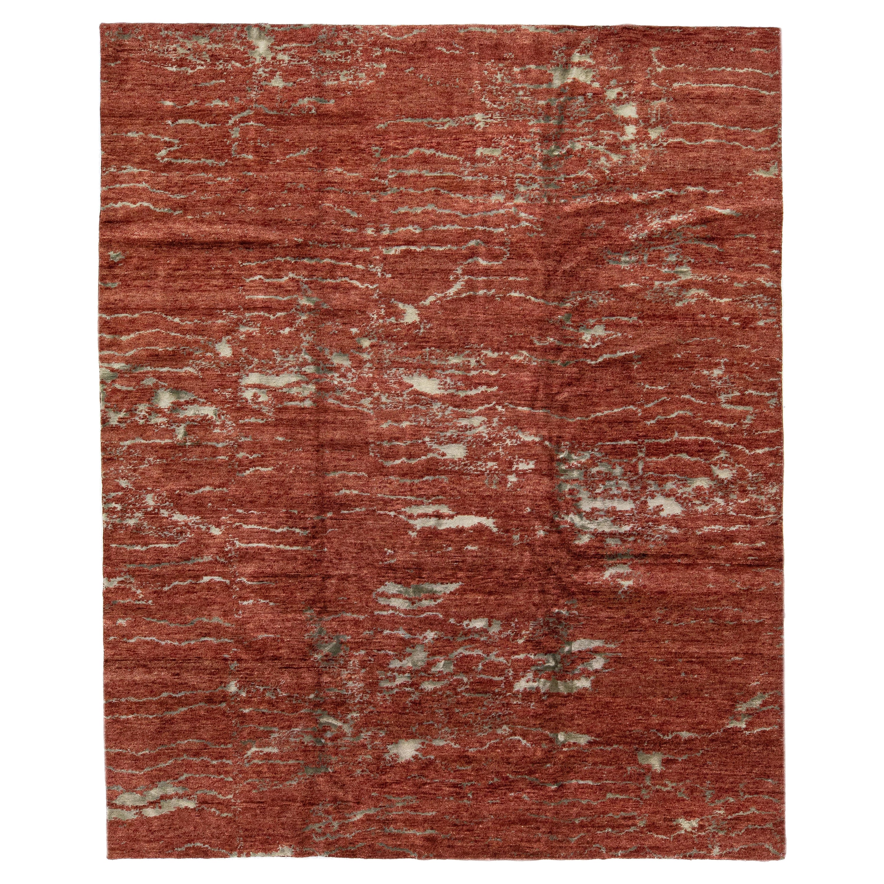 Handmade Abstract Copper Modern Wool & Silk Rug For Sale