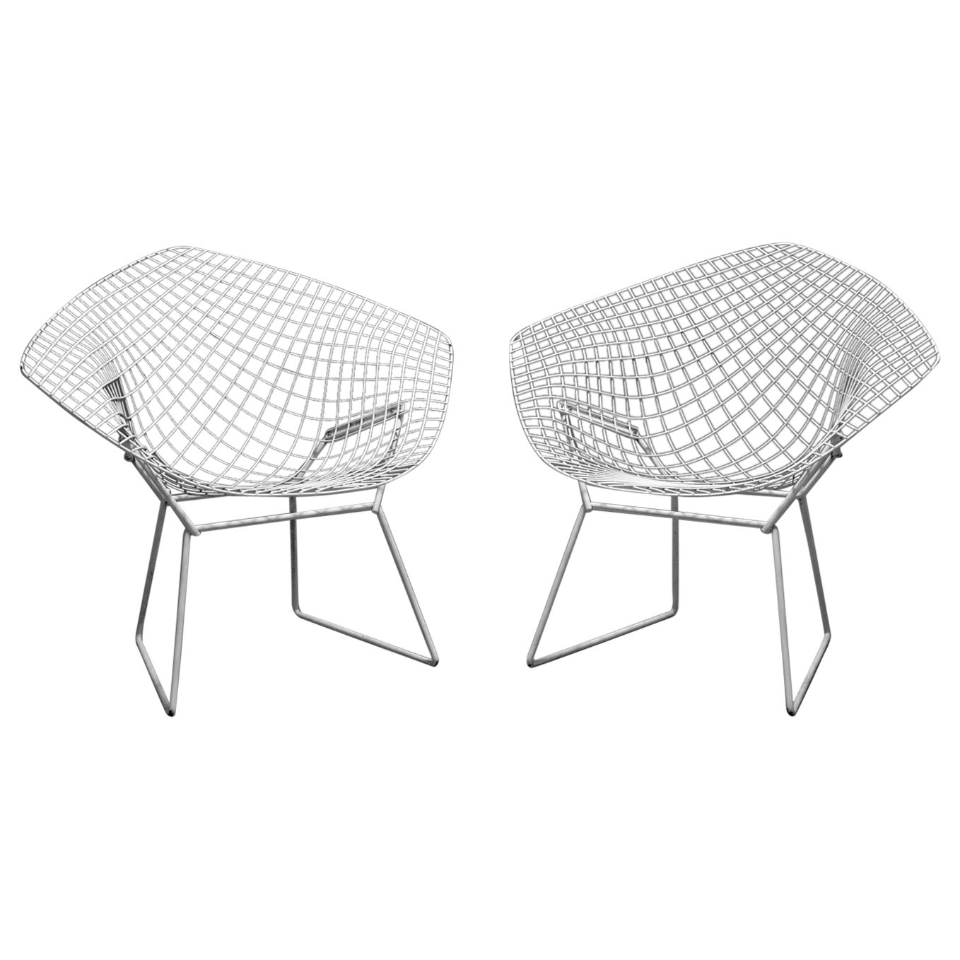 Bertoia Diamond Chairs, White, Set of Two, Welded & Painted Steel For Sale
