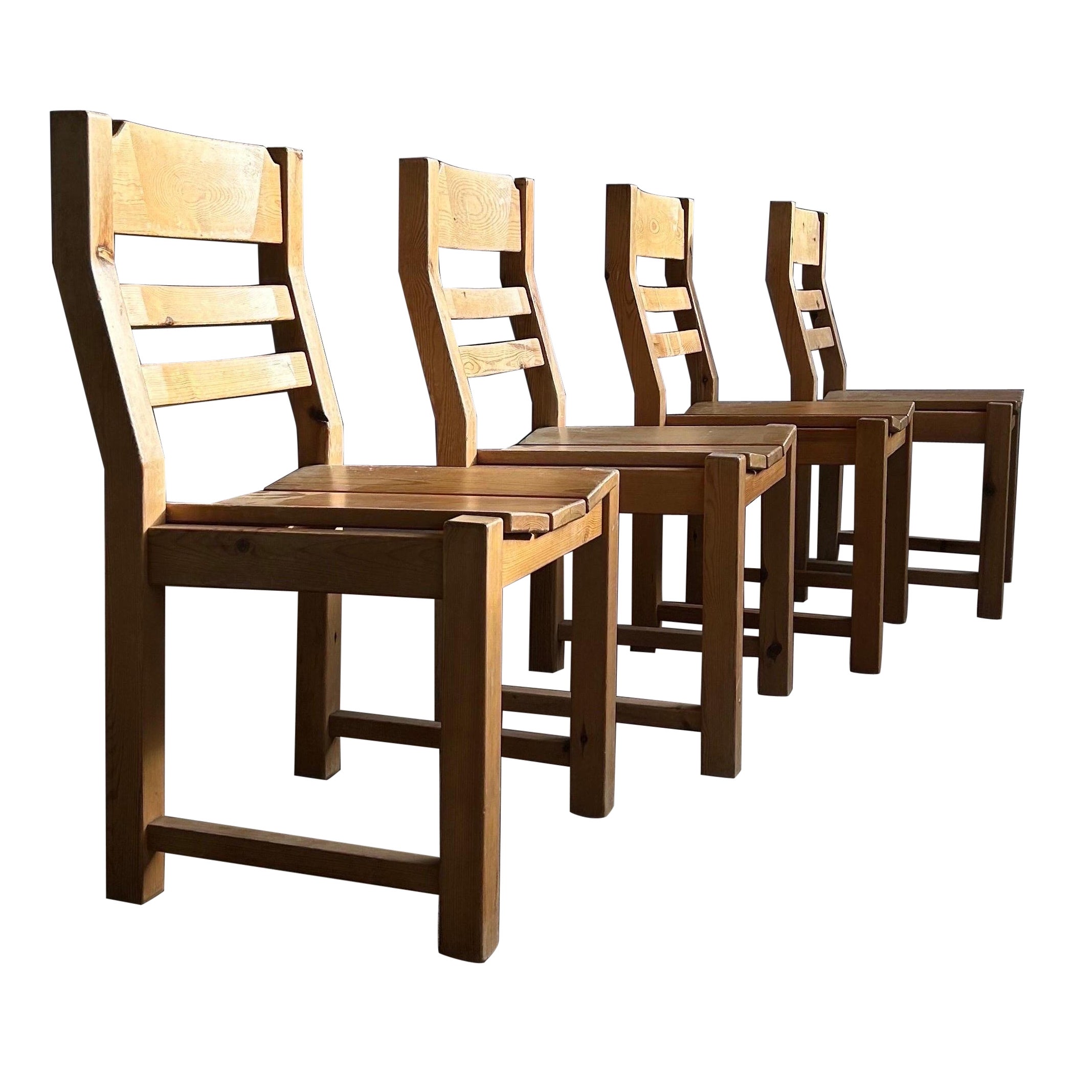 Set of Four Brutalist Pine Dining Chairs Denmark 1970s