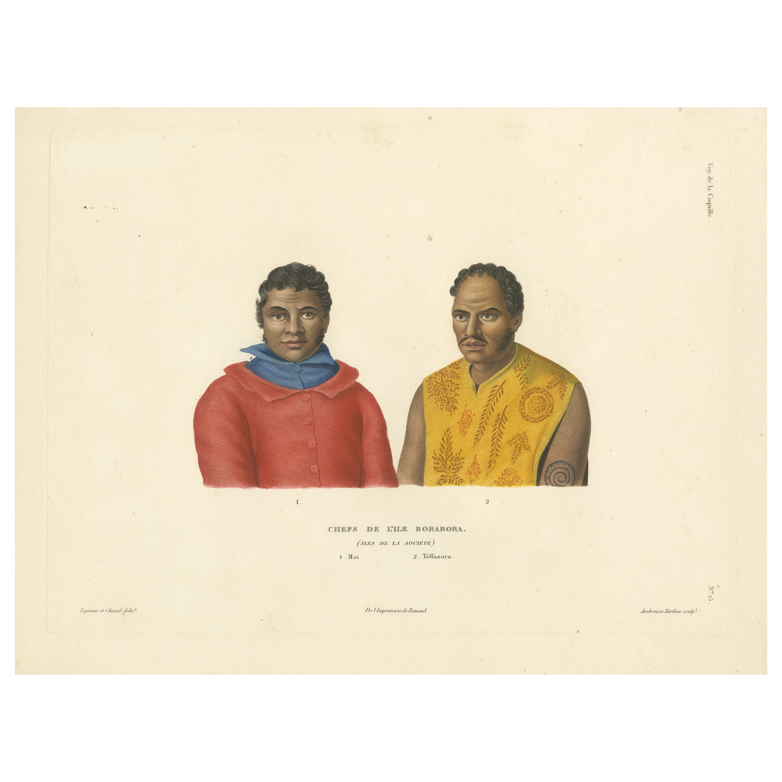 Antique Print of Mai and Téffaanora, Heads of the Island of Bora Bora For Sale