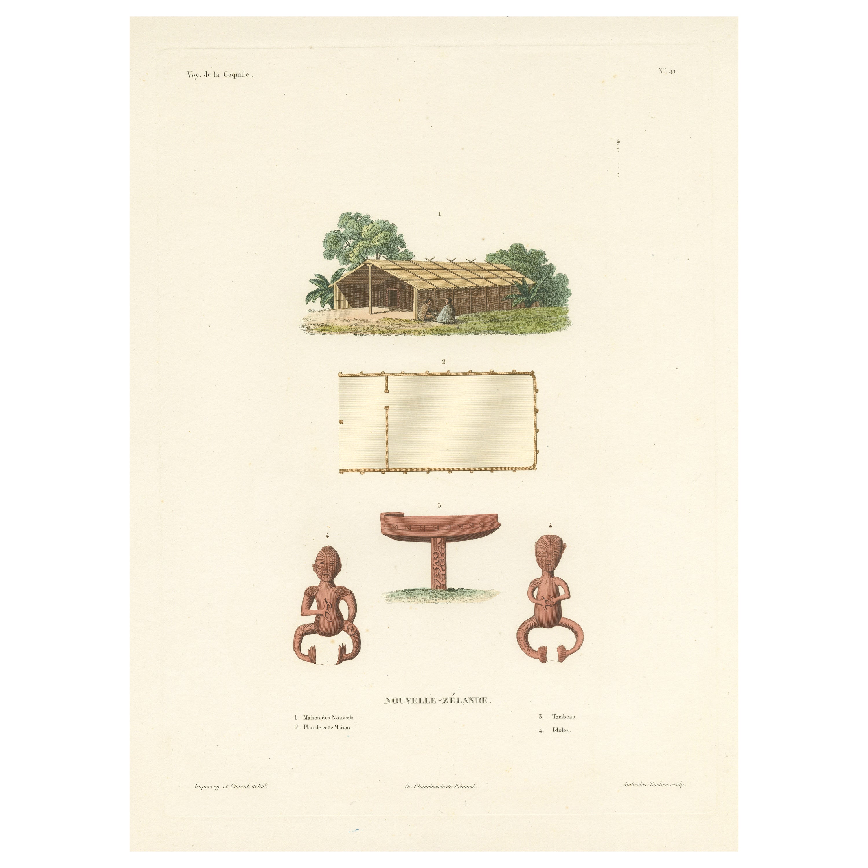 Antique Print of a Spirit House in New Zealand