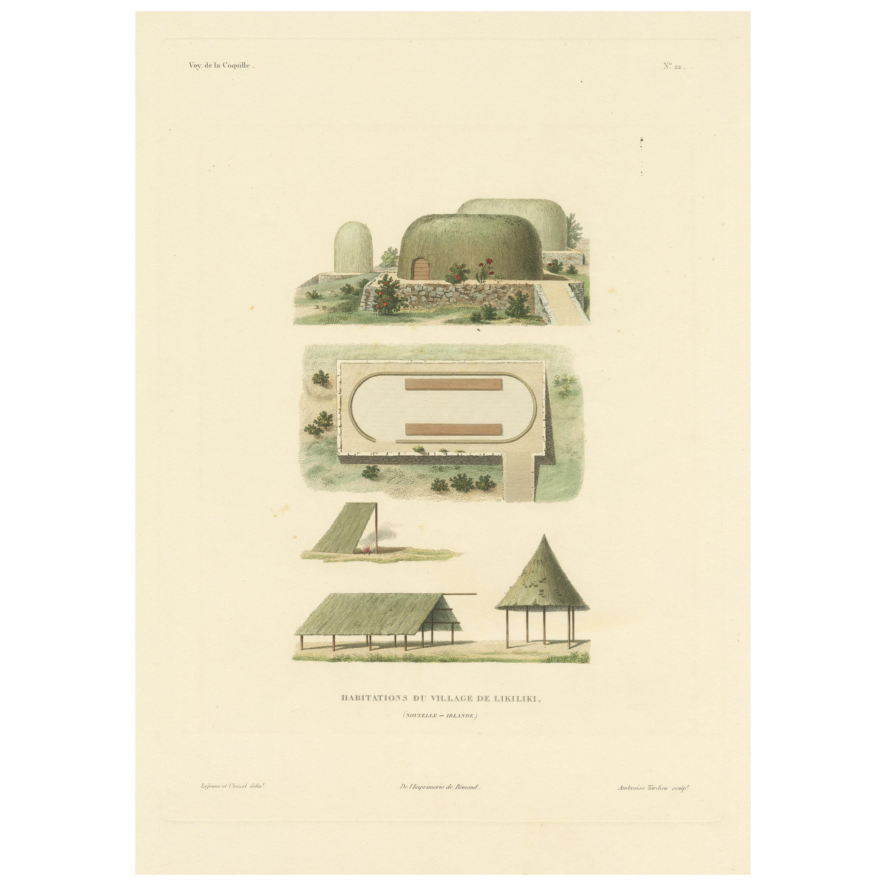 Antique Print of Dwellings in Likiliki Village, New Ireland For Sale