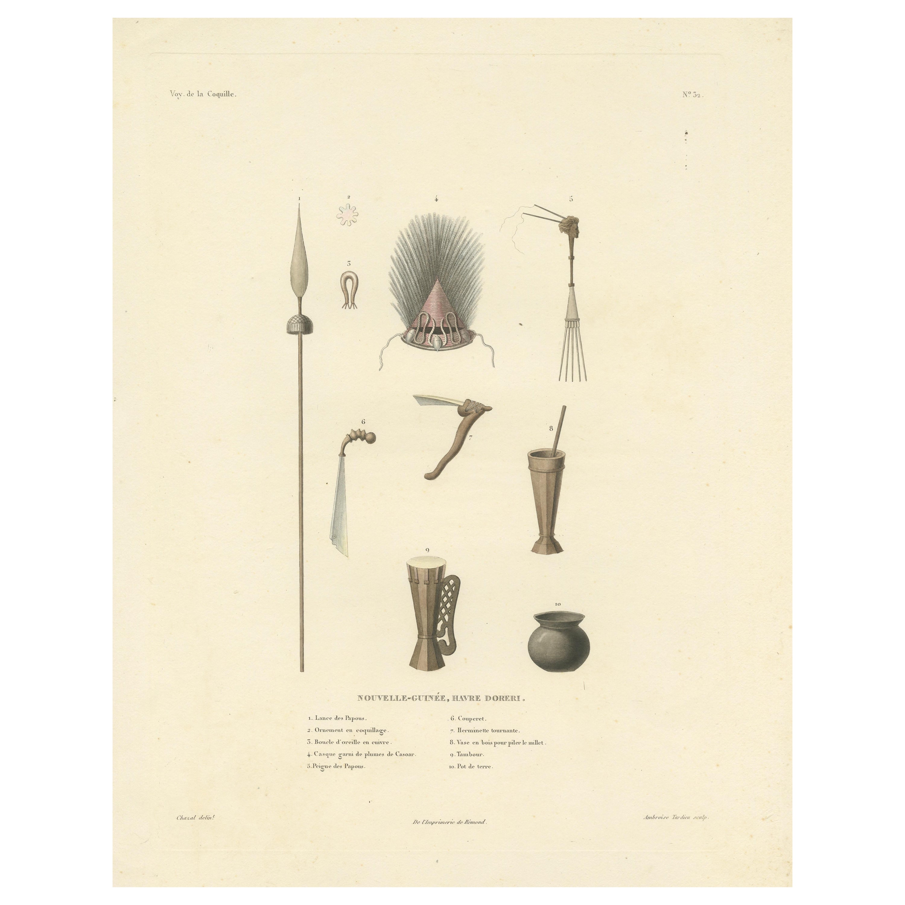 Antique Print of Artifacts from the Haven of Doreri, New Guinea For Sale