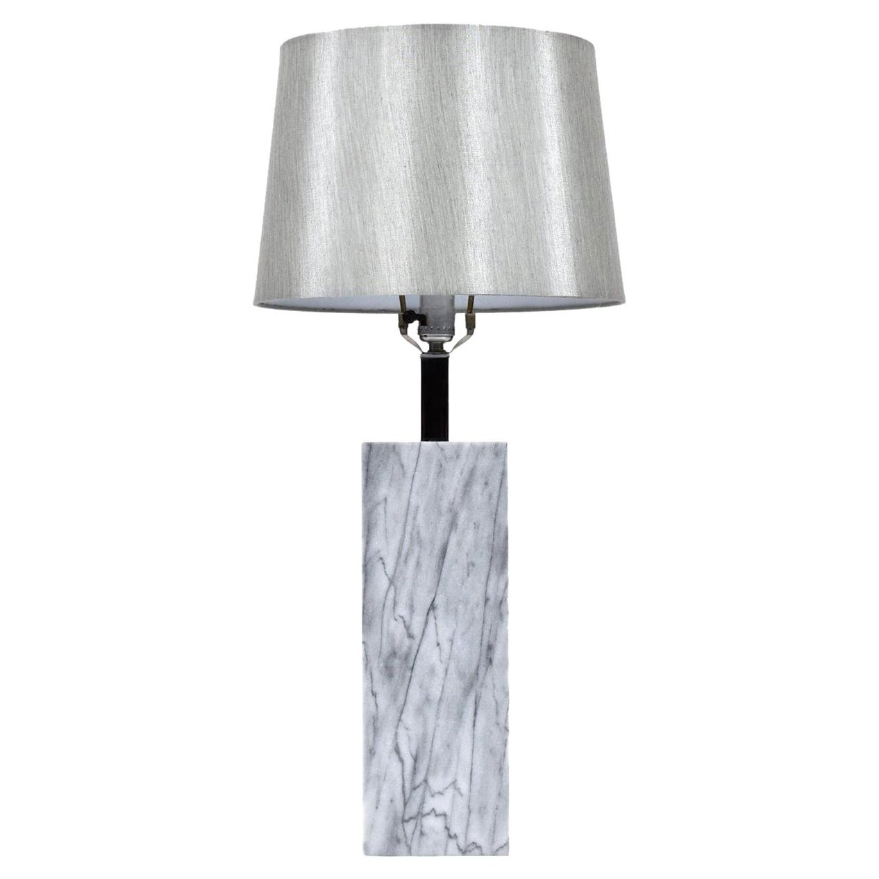 Chic gray marble table lamp designed in the manner of Nessen. The minimalist modern lamp is a single square column with a chrome neck. The lamps takes a single bulb. LED and traditional bulbs can be used with this lamp.

Lamp shade is NOT included