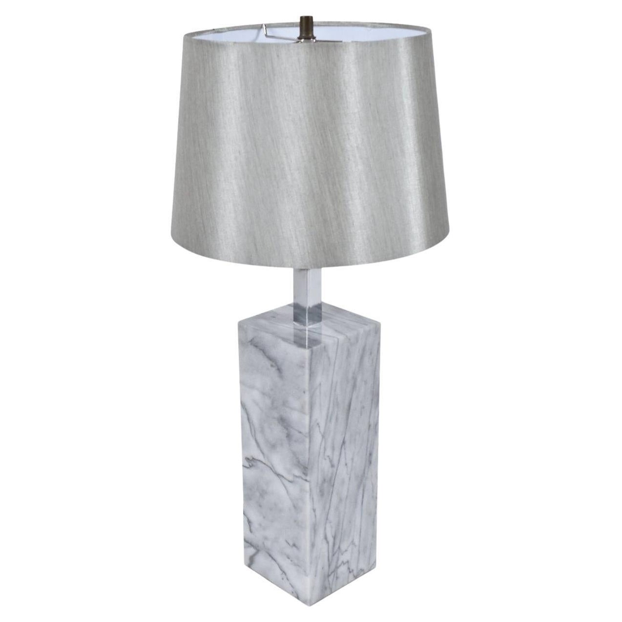 Nessen Style Gray Marble Table Lamp with Chrome Neck and Silver Shade