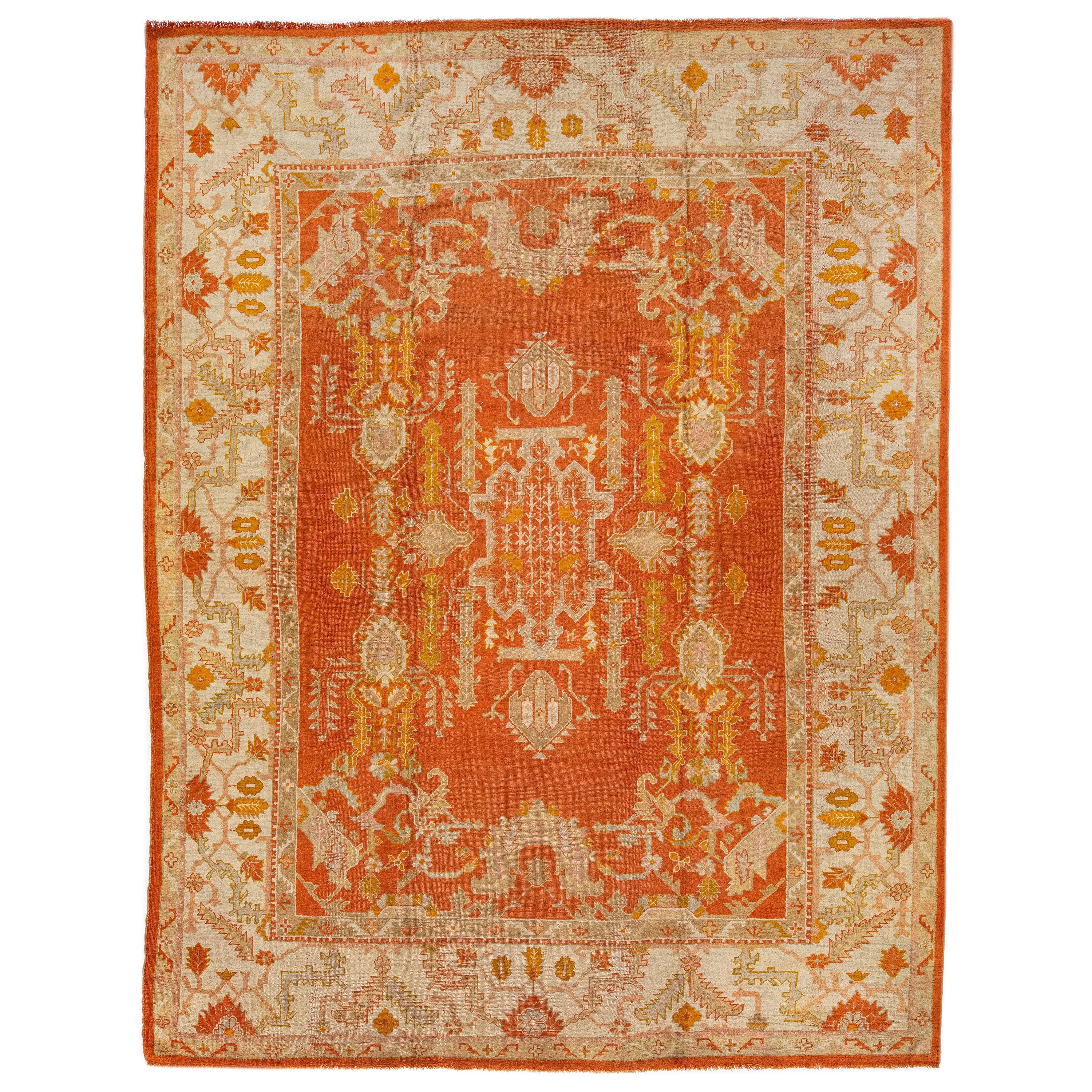 Orange Antique Turkish Oushak Wool Rug Handmade With Medallion Design For Sale