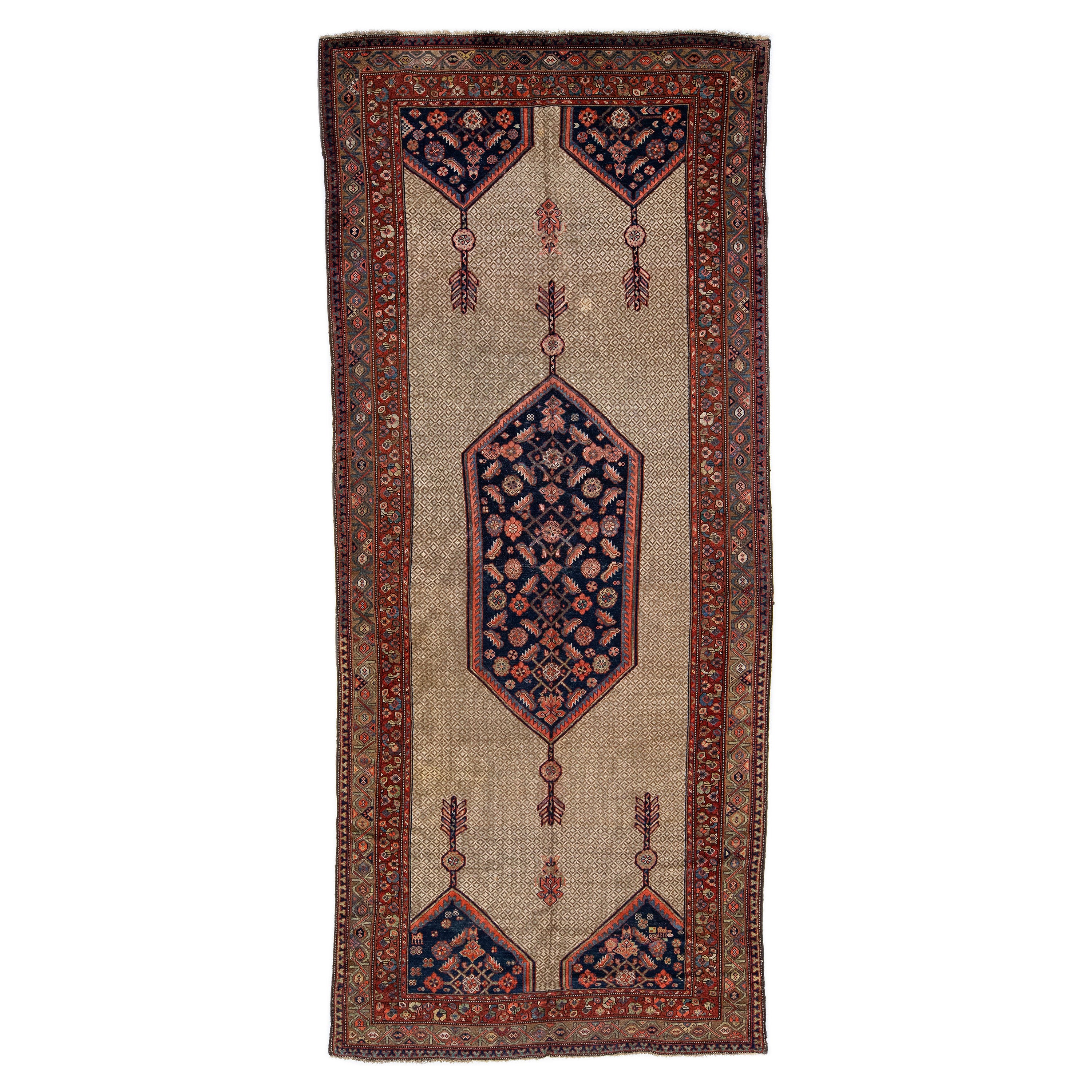Antique Persian Hamadan Gallery Wool Rug with Blue Medallion Design For Sale