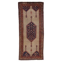 Antique Persian Hamadan Gallery Wool Rug with Blue Medallion Design