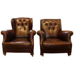 Antique Late 19th Century English Pair of Leather Club Chairs